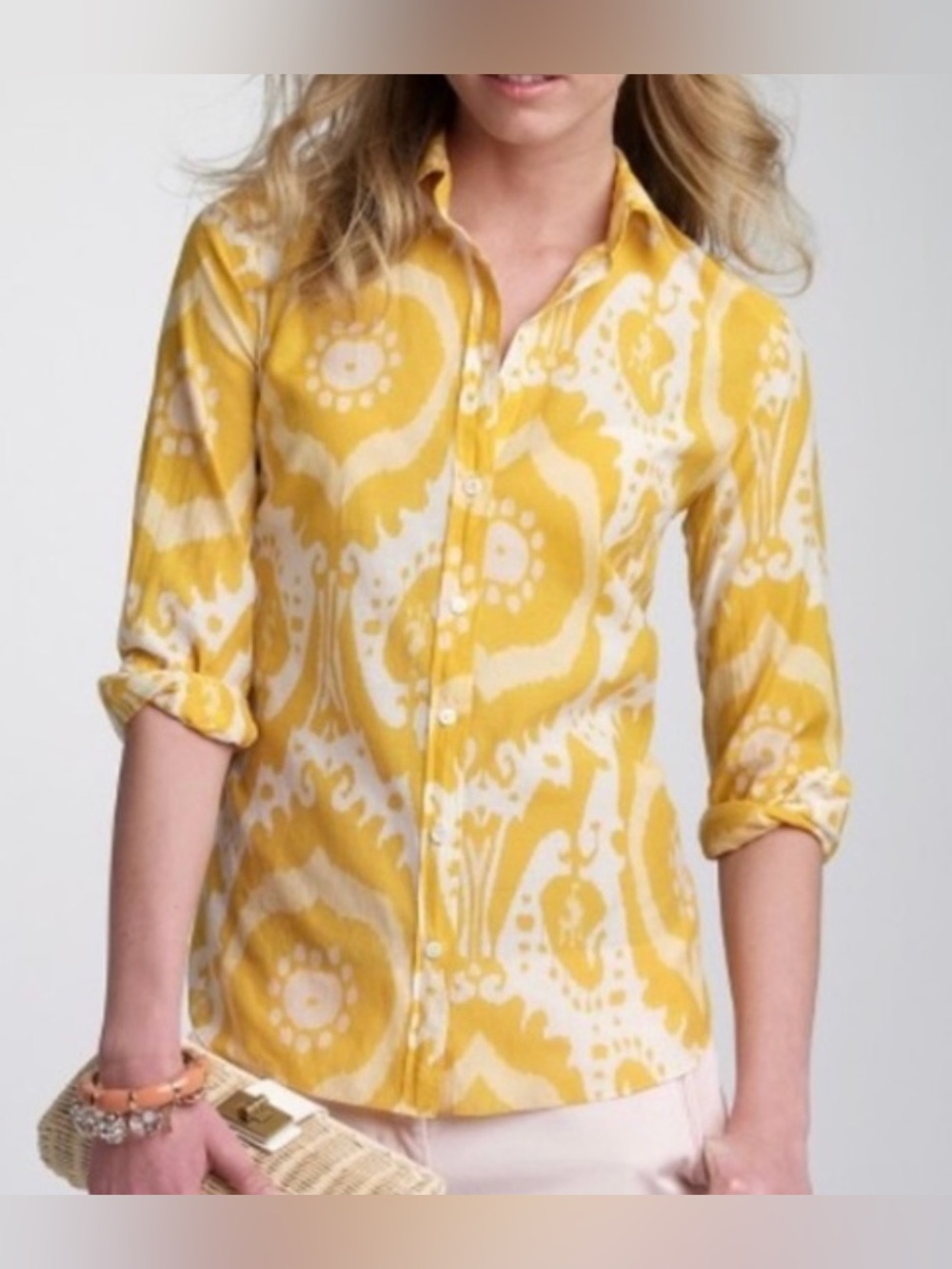 J.Crew yellow and white ikat pattern long-sleeve button-down shirt size XS